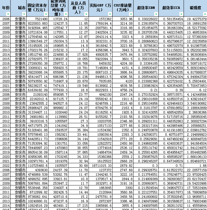 地级市碳排放效率测算、碳强度数据2006-2022年