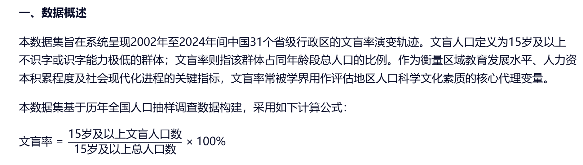 中国各省份文盲率面板数据集（2002-2024）